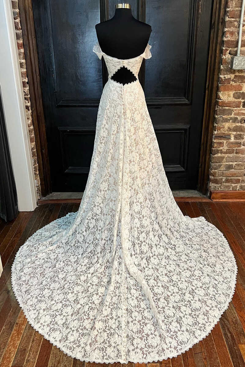 White Lace Off-the-Shoulder Cutout Floor-Length Wedding Dress