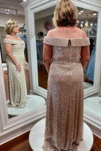 Gorgeous Champagne Sequin Off-the-Shoulder Long Mother of the Bride Dress