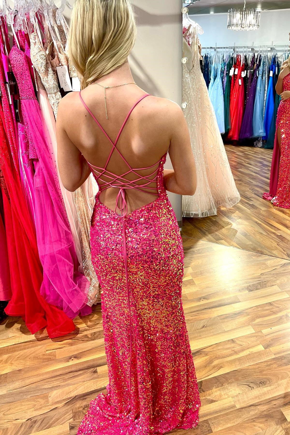 Hot Pink Mermaid Lace-Up Back Scoop Neck Long Prom Dress with Slit