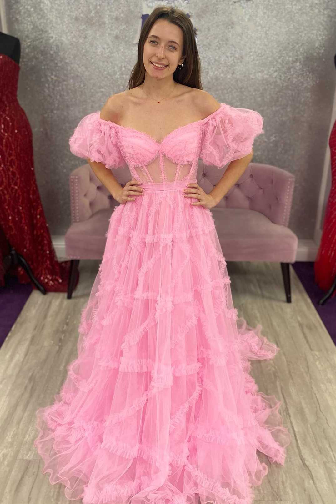 Pink Tulle Ruffles A Line Off The Shoulder Prom Dress Pink Tulle Ruffles A Line Off The Shoulder Prom Dress