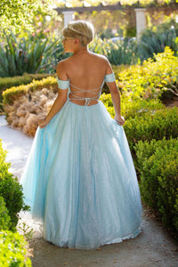 Light Blue Tulle A-line Off-Shoulder Lace-Up Back Long Prom Dress