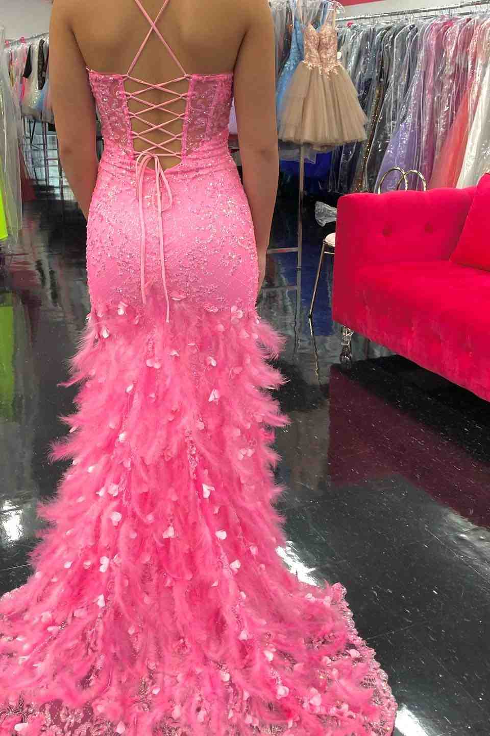 Hot Pink Mermaid V Neck Lace Tulle Lace-Up Back Long Prom Dress with Feathers