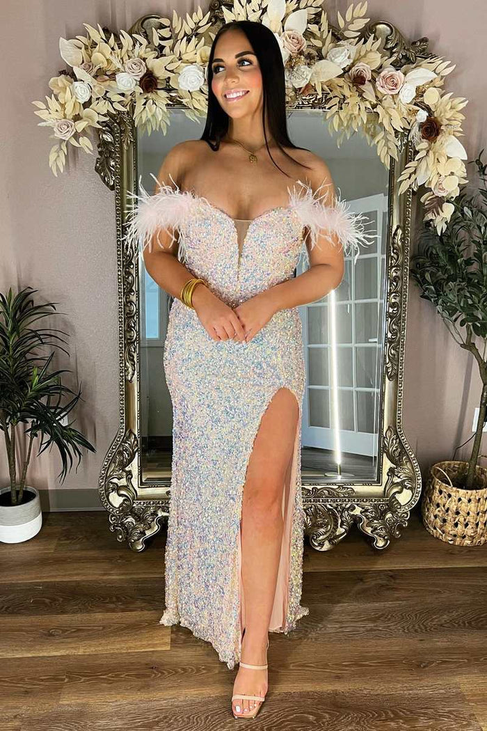 Pink Iridescent Sequin Feather Off-the-Shoulder Long Prom Dress with Slit