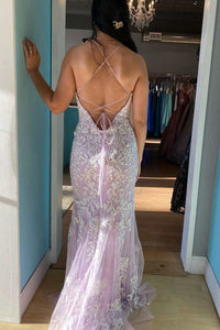 Light Purple Appliques Lace-Up Mermaid Long Dress with Slit