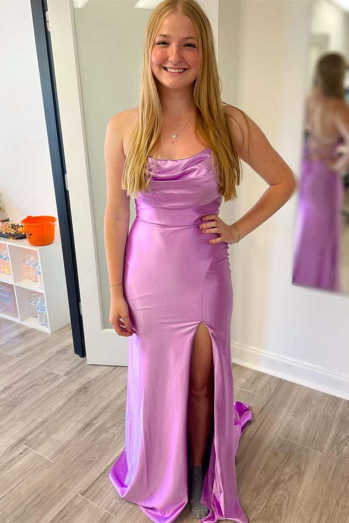 Lilac Cowl Neck Lace-Up Back Mermaid Long Prom Dress with Slit