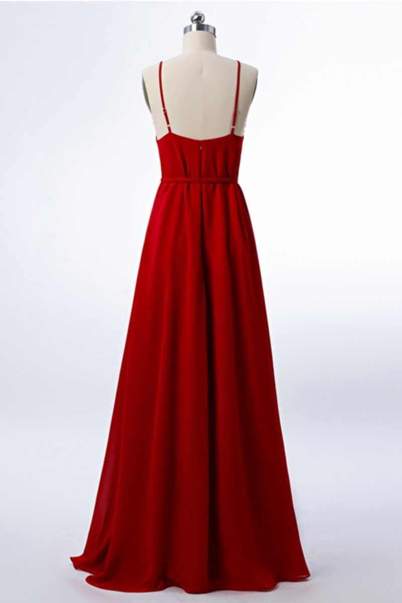 Red Chiffon Spaghetti Straps Backless A-Line Bridesmaid Dress with Slit