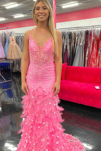 Hot Pink Mermaid V Neck Lace Tulle Lace-Up Back Long Prom Dress with Feathers