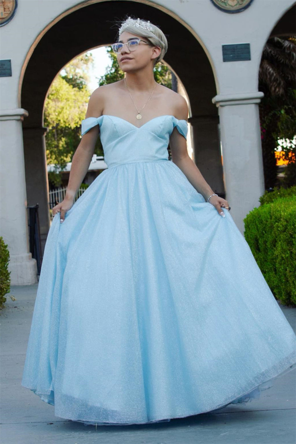 Light Blue Tulle A line Off Shoulder Lace Up Back Long Prom Dress Dreamdressy