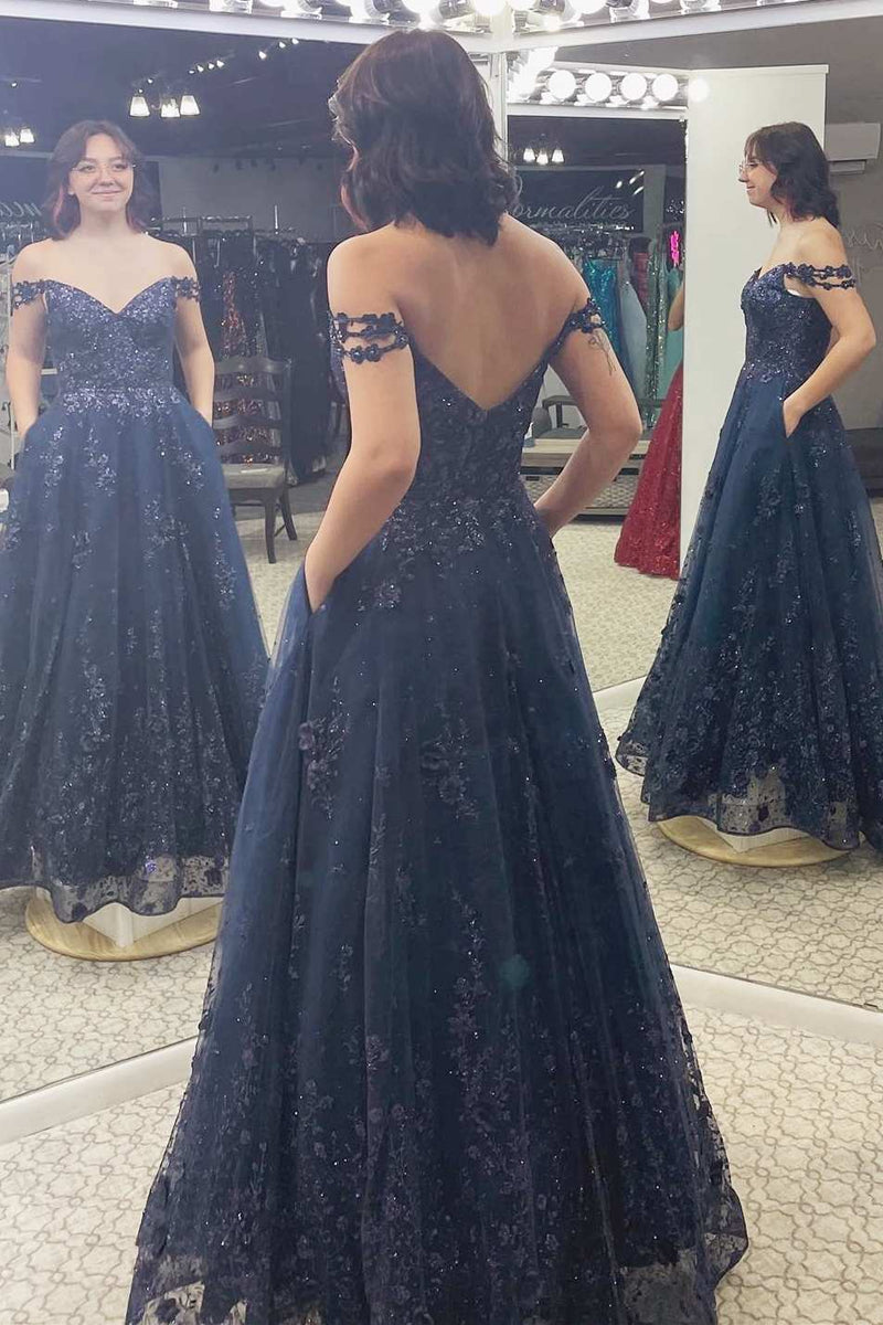 Navy Floral Lace Off-the-Shoulder A-Line Prom Dress with Pockets