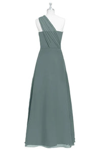 Dark Sage Green Chiffon One-Shoulder Long Bridesmaid Dress