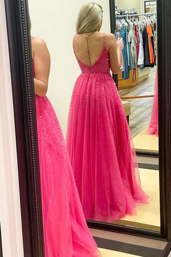 Barbie Pink Tulle Beaded Open Back A-Line Prom Gown