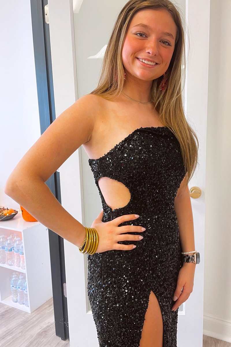 Black Sequin One-Shoulder Cutout Mermaid Long Prom Dress with Slit