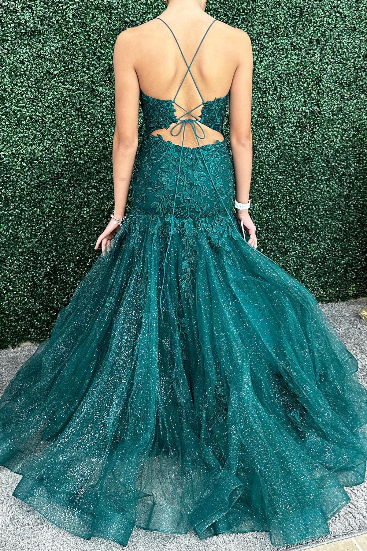 Green Mermaid Lace Applique Long Prom Dress
