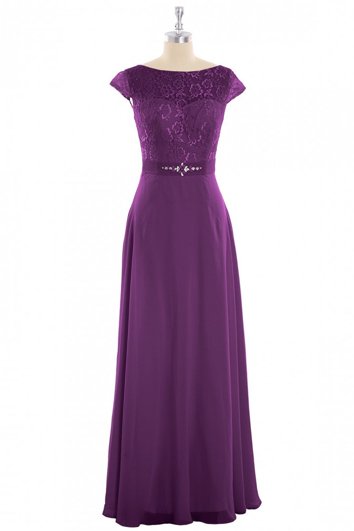 Elegant Purple Lace Cap Sleeve A-Line Long Bridesmaid Dress