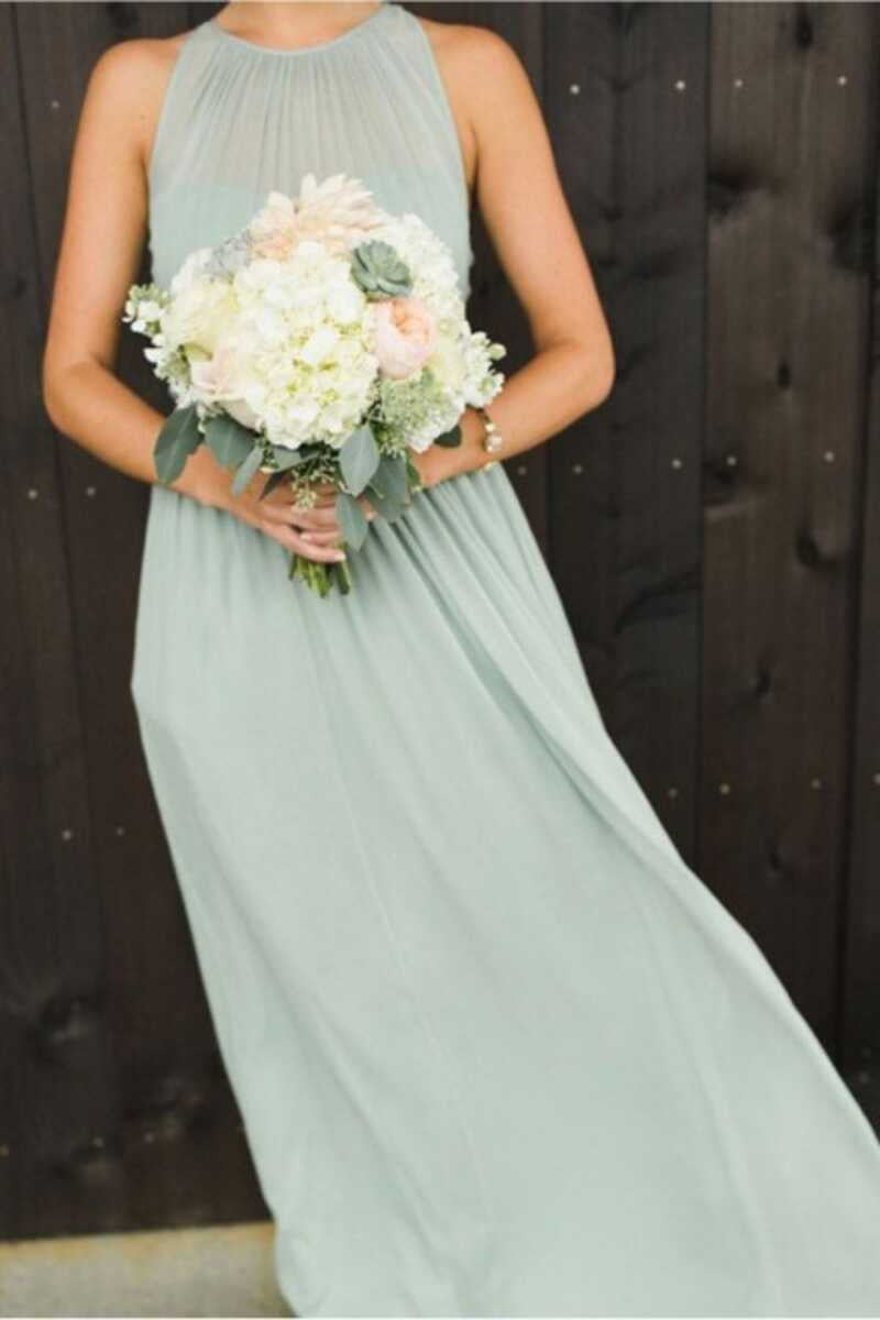 Sage Green Chiffon Halter Cutout Back Long Bridesmaid Dress