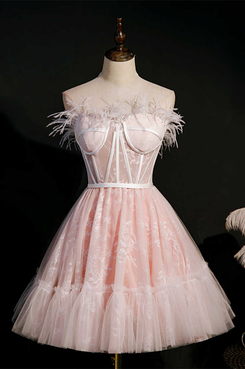 Pink Feather Strapless A-Line Short Homecoming Dress
