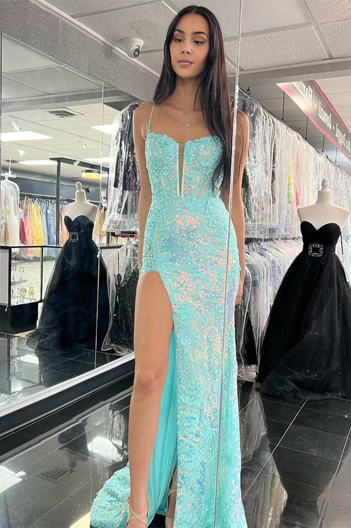 Light Blue Sequin Appliques Plunge Neck Long Prom Dress with Slit