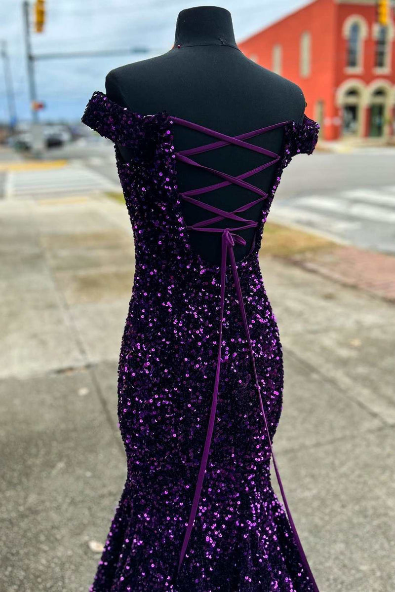 Purple Sequin Off-the-Shoulder Lace-Up Mermaid Long Dress
