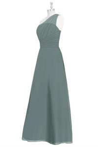 Dark Sage Green Chiffon One-Shoulder Long Bridesmaid Dress