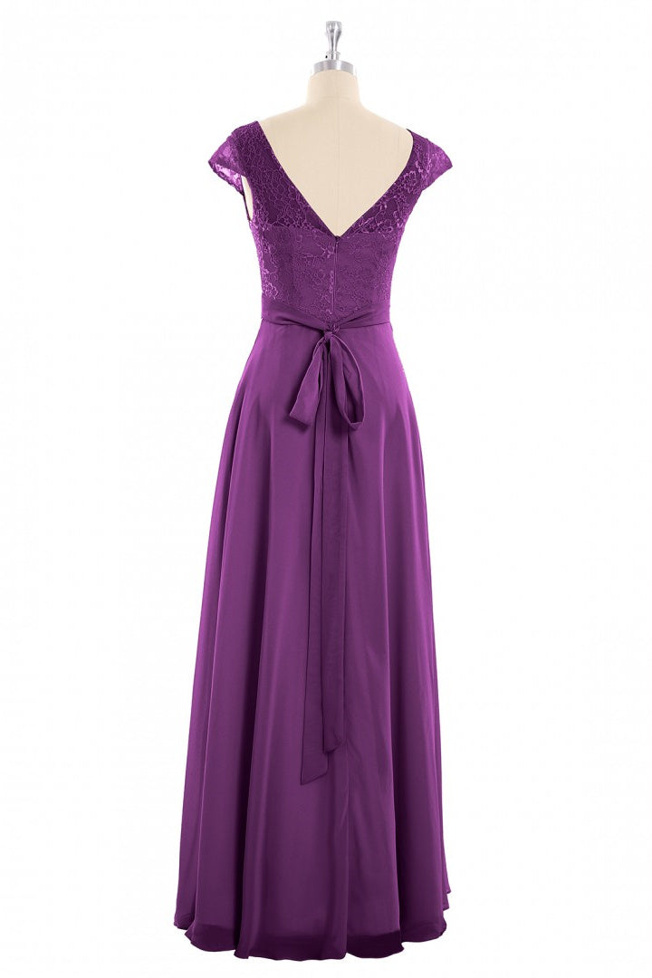 Elegant Purple Lace Cap Sleeve A-Line Long Bridesmaid Dress