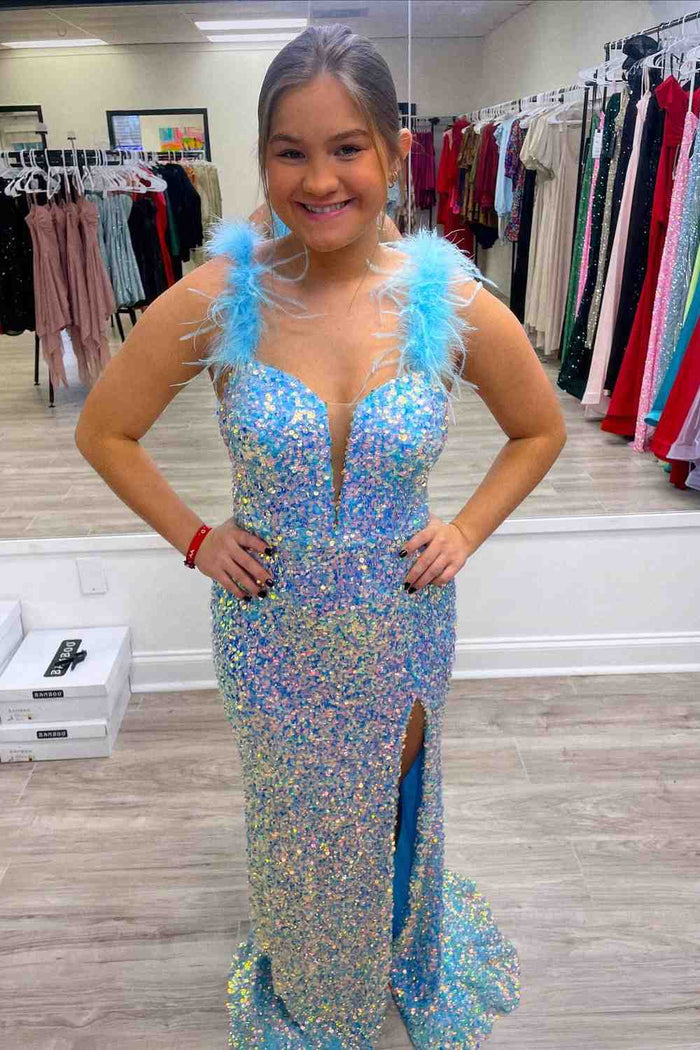 Blue Mermaid V Neck Sequins Feathers Straps Long Prom Dress with Slit