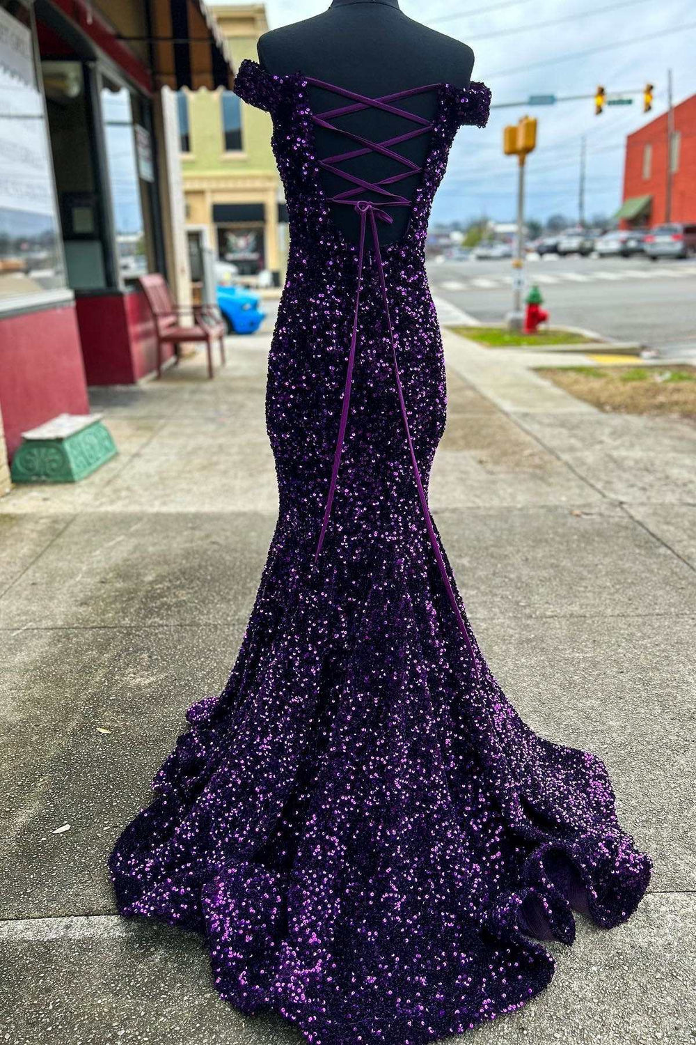 Purple Mermaid Off the Shoulder Sequins Ball Dress main image 1