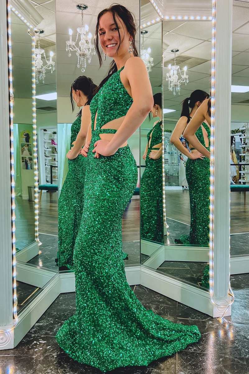 Green Sequin Keyhole Cutout Mermaid Long Formal Dress