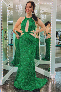 Green Sequin Keyhole Cutout Mermaid Long Formal Dress