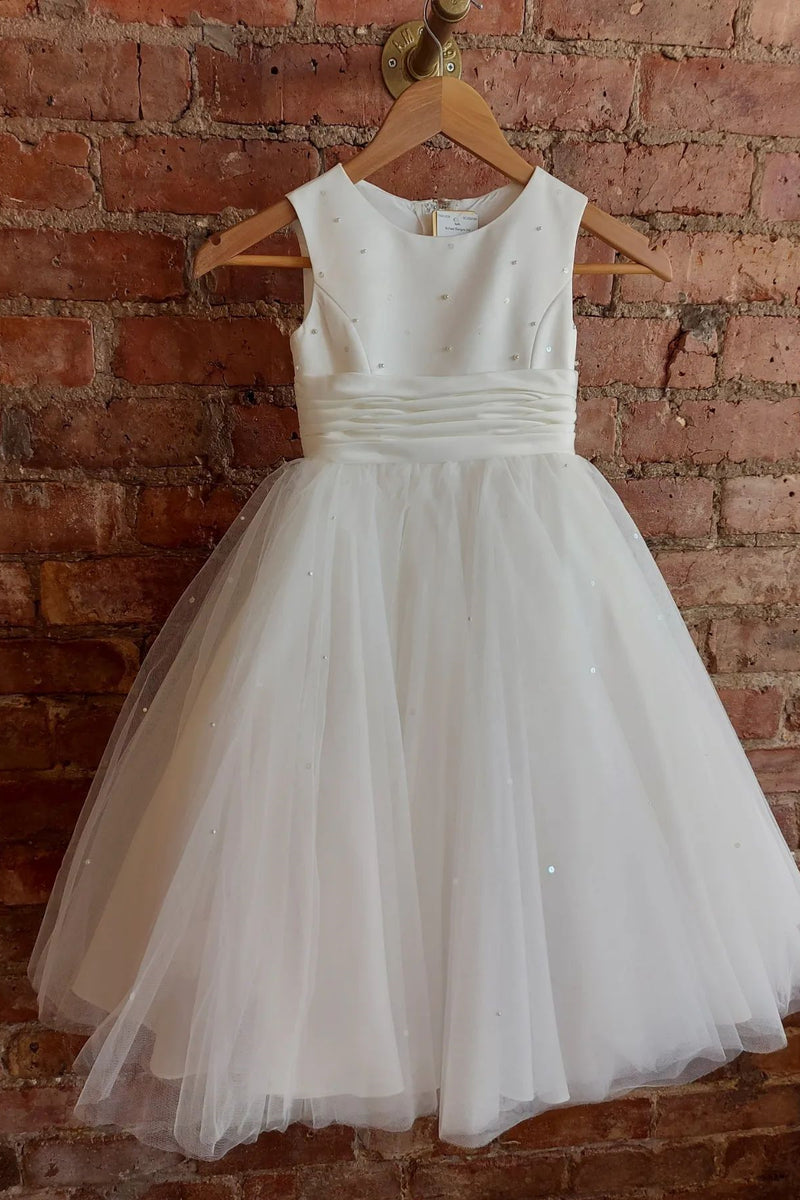 White Jewel Sleeveless Pearl Beaded Long Flower Girl Dress with Bow Sash