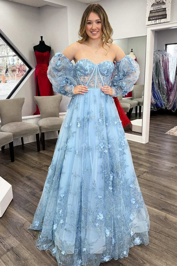 Blue 3D Floral Lace Sweetheart A-Line Prom Dress with Balloon Sleeves