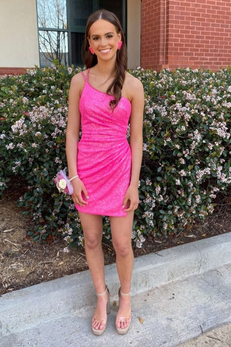 Hot Pink Sequin One-Shoulder Ruched Short Party Dress
