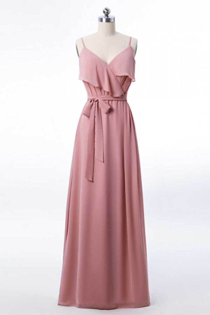 Mauve Pink Chiffon Spaghetti Straps Ruffled A-Line Bridesmaid Dress