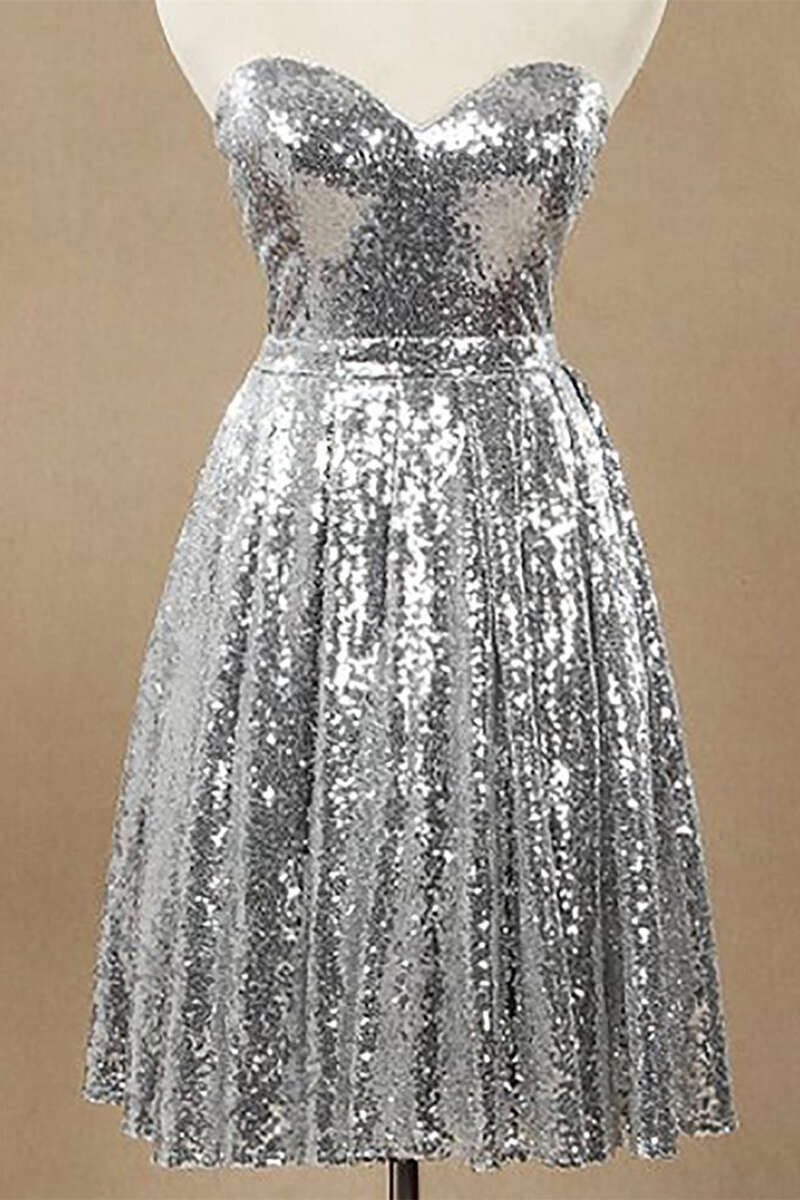 Silver Sequin Sweetheart A-Line Knee Length Bridesmaid Dress
