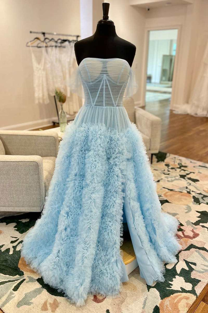 Light Blue Sheer Mesh Off-the-Shoulder Long Prom Dress with Ruffles