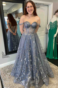 Dusty Lavender A-line Off-the-Shoulder Prints Tulle Long Prom Dress