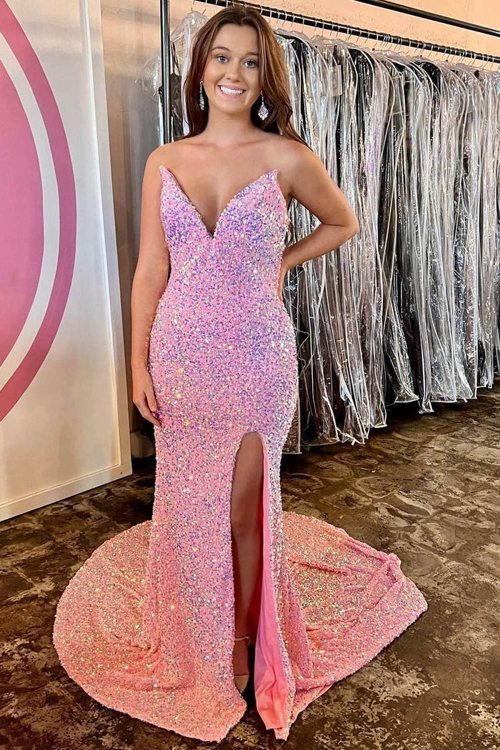 Iridescent Pink Sequin Strapless Mermaid Long Prom Dress with Slit
