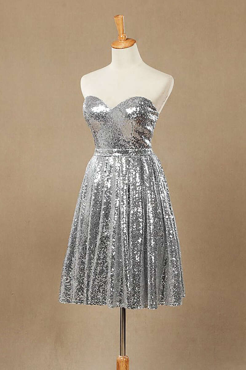 Silver Sequin Sweetheart A-Line Knee Length Bridesmaid Dress
