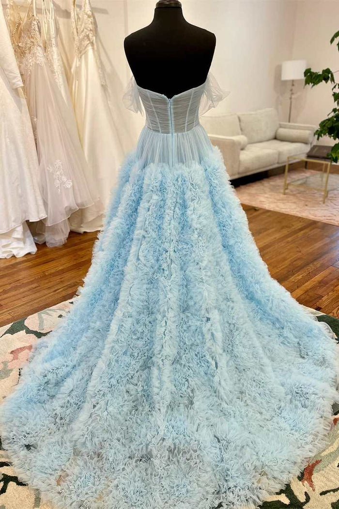 Light Blue Sheer Mesh Off-the-Shoulder Long Prom Dress with Ruffles
