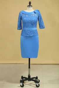 Blue Lace Crew Neck Half Sleeve Short Mother of the Bride Dress