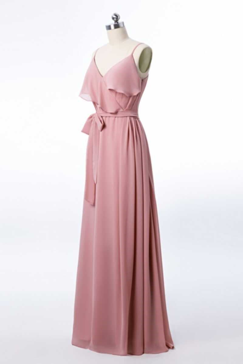 Mauve Pink Chiffon Spaghetti Straps Ruffled A-Line Bridesmaid Dress