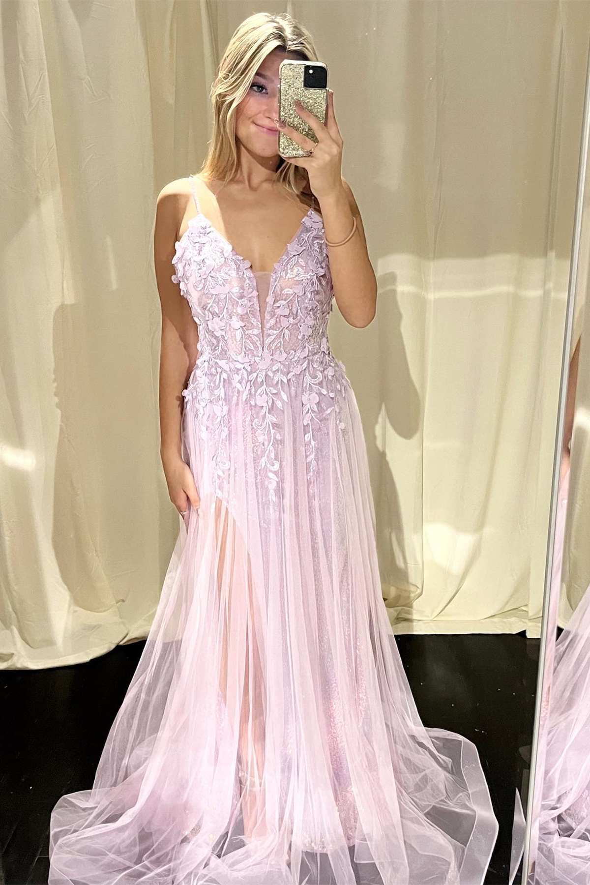 Pink Floral Lace Plunge V A-Line Prom Dress