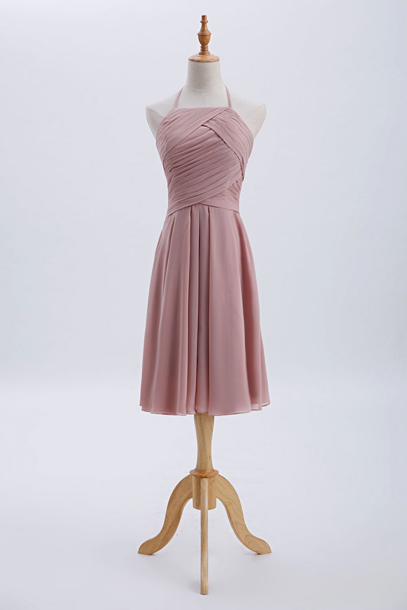 Halter Blush Pink Pleated Short A-line Bridesmaid Dress