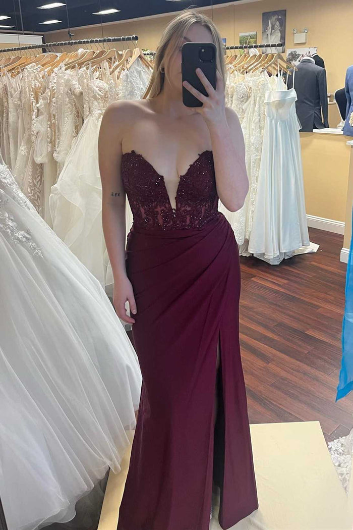 Strapless Burgundy Lace Mermaid Long Formal Dress with Slit