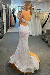White Iridescent Sequin Halter Cutout Mermaid Long Prom Gown