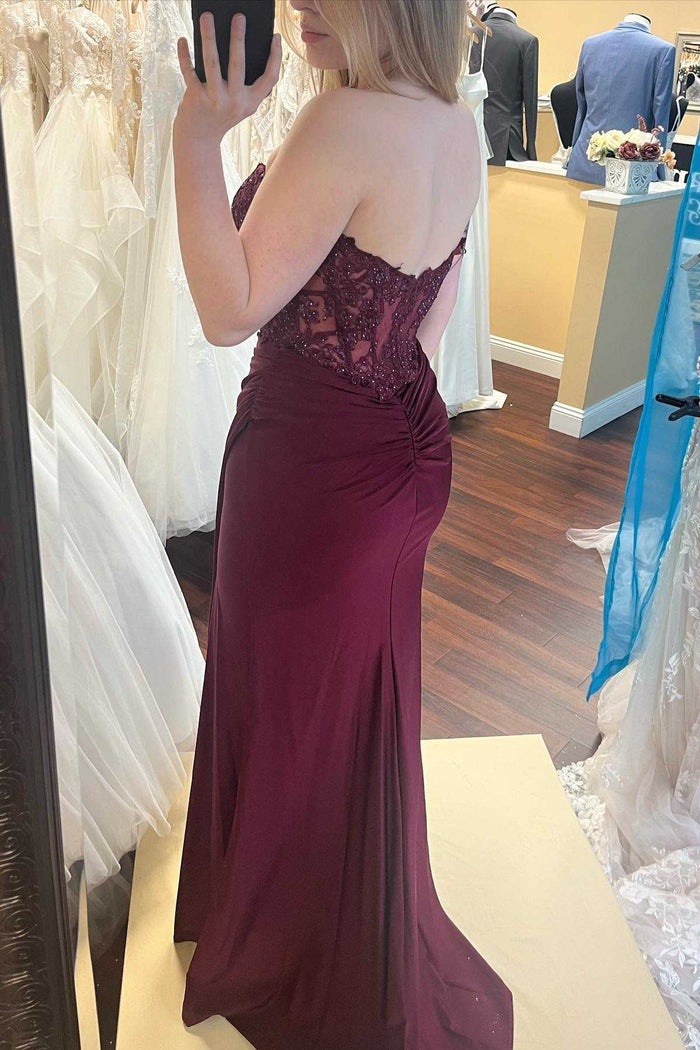 Strapless Burgundy Lace Mermaid Long Formal Dress with Slit