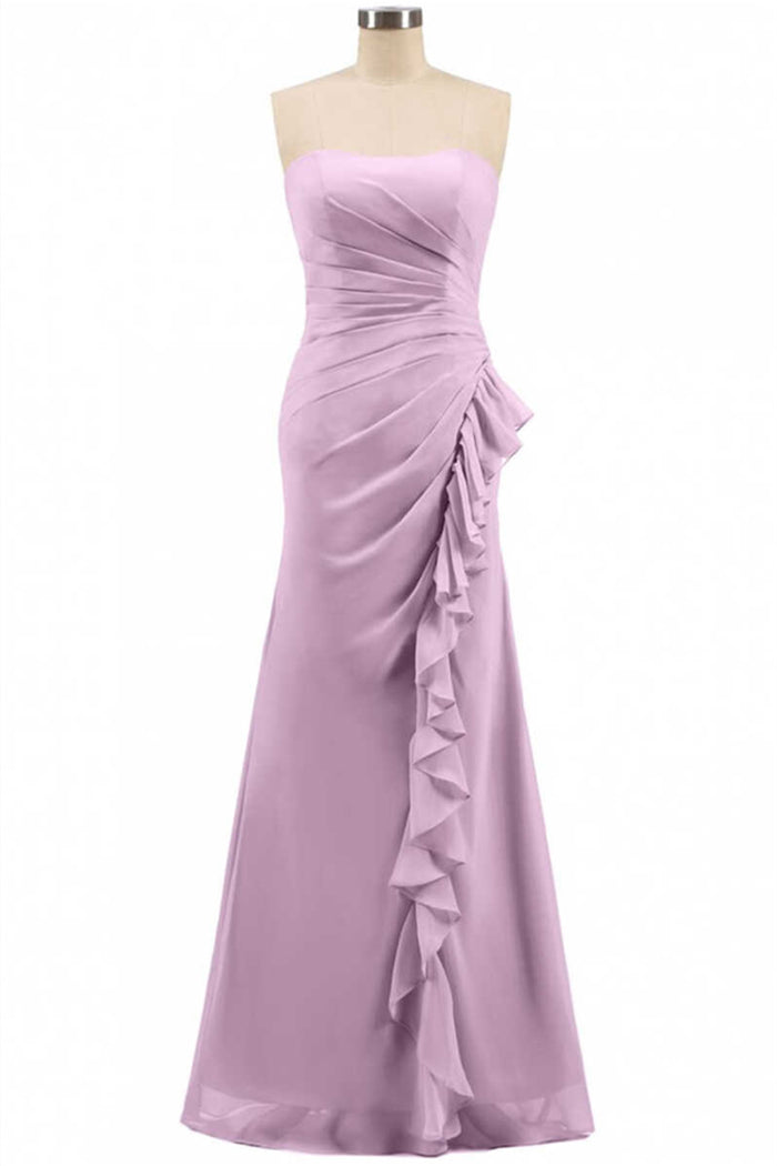 Pink Strapless Ruffled Mermaid Long Bridesmaid Dress