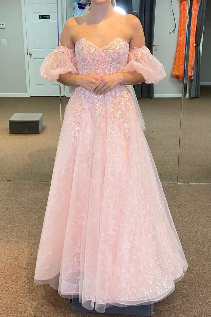 Pink Tulle Sweetheart A-Line Prom Dress with Puff Sleeves