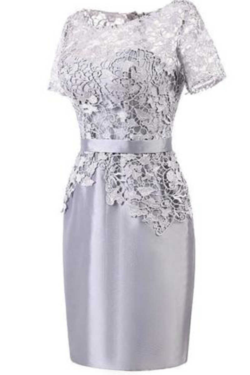 Grey Lace Short Sleeve Mother of the Bride Dress