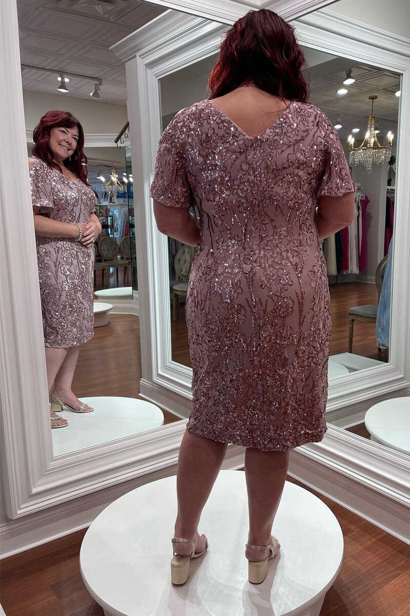 Dusty Pink Sequined V-Neck Cutout Mother of the Bride Dress