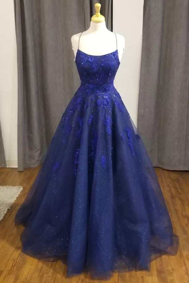 Sparkles Blue Floral Lace Backless A-Line Prom Dress